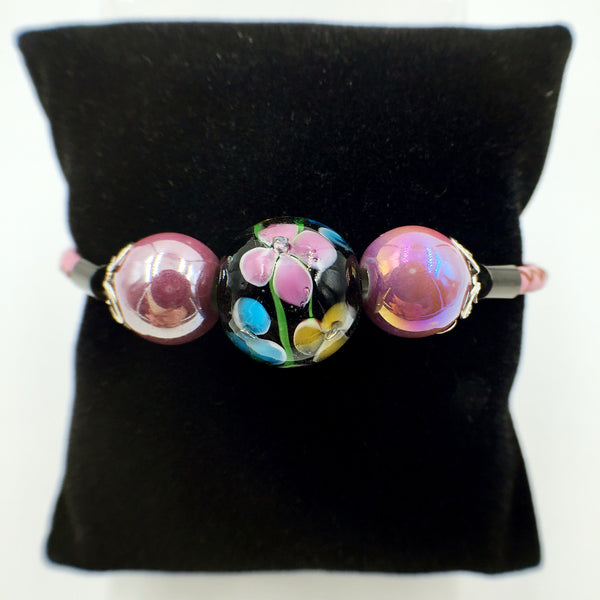 Triple Flower Black and Ceramic Beads on Pink Leather,  - MRNEIO LLC