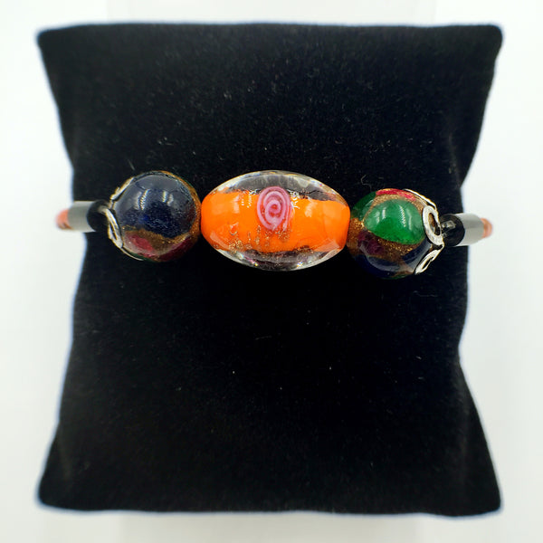 Triple Flower Orange and Gemstone Beads on Orange Leather,  - MRNEIO LLC