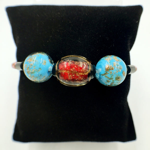 Triple Stellar Red and Gold Leaf Blue Beads on Pink Leather,  - MRNEIO LLC