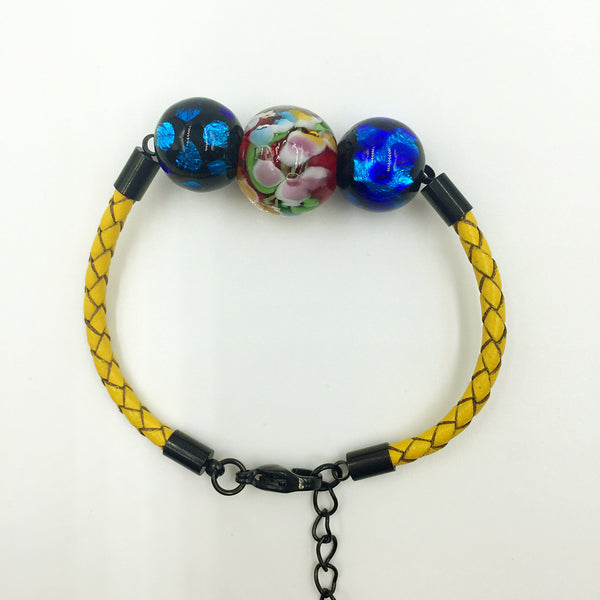 Triple Flower Red and Blue Beads on Yellow Leather,  - MRNEIO LLC