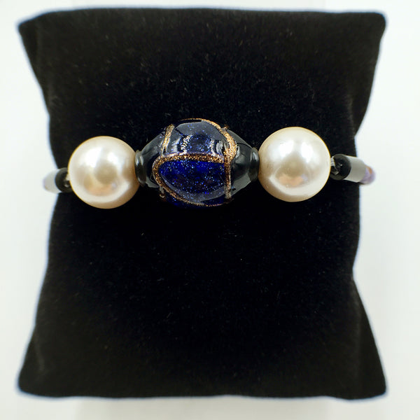 White Pearl Stellar Blue Bead on Purple Leather