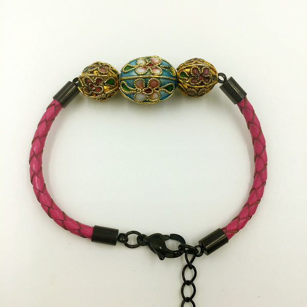 Triple Sky Blue and Black Beads on Rose Red Leather,  - MRNEIO LLC