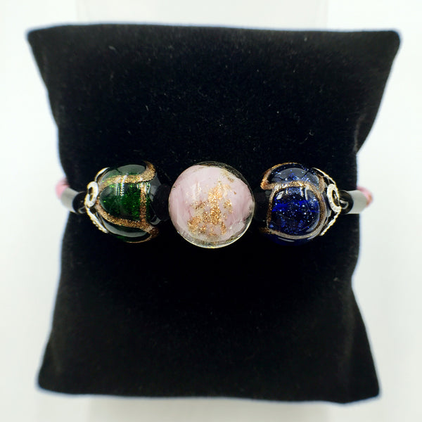 Triple Gold Leaf Purple and Stellar Green and Blue Beads on Pink Leather,  - MRNEIO LLC