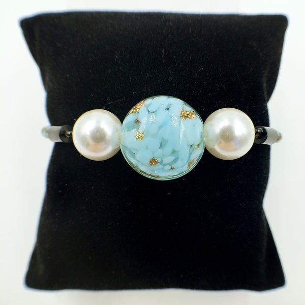 White Pearl Gold Leaf Turquoise Bead on Turquoise Leather,  - MRNEIO LLC