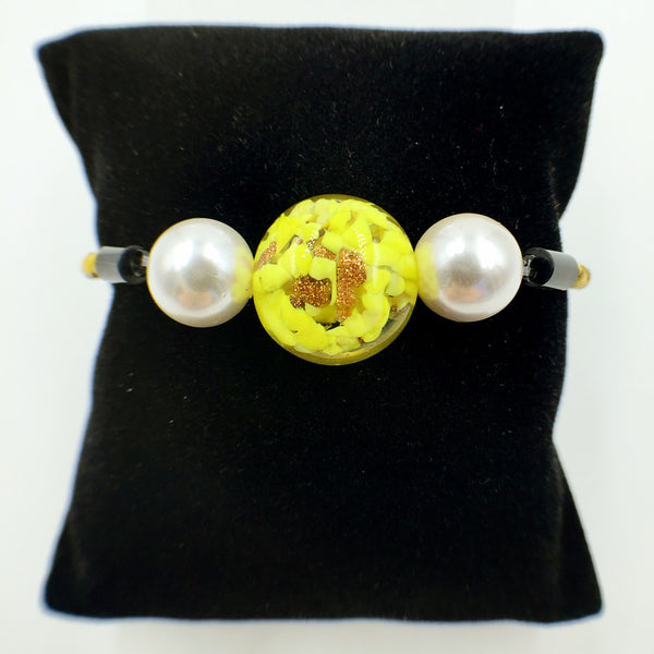 White Pearl Yellow Bead on Lemon Leather,  - MRNEIO LLC