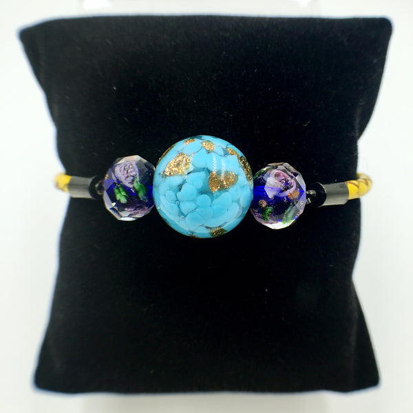 Triple Gold Leaf Sky Blue and Flower Purple Beads on Yellow Leather,  - MRNEIO LLC