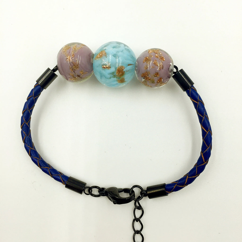 Triple Gold Leaf Light Blue and Purple Beads on Navy Blue Leather,  - MRNEIO LLC
