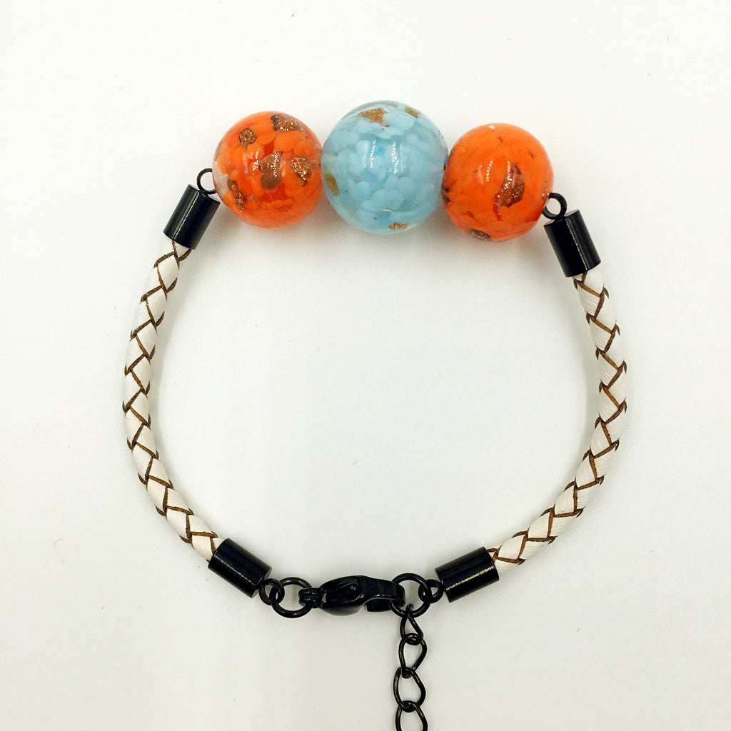 Triple Gold Leaf Light Blue and Orange Beads on White Leather,  - MRNEIO LLC