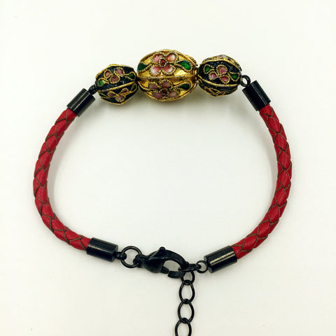 Triple Gold and Black Beads on Red Leather,  - MRNEIO LLC