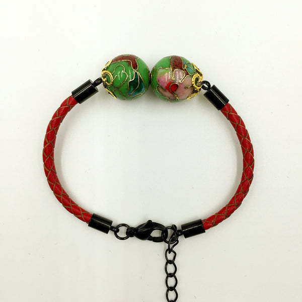Twin Green Beads on Red Leather,  - MRNEIO LLC