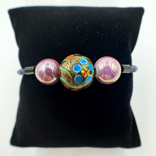 Triple Gold and Ceramic Beads on Navy Blue Leather,  - MRNEIO LLC