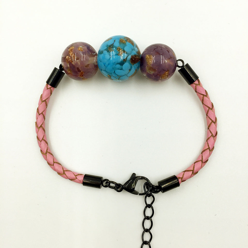 Triple Gold Leaf Sky blue and Purple Beads on Pink Leather,  - MRNEIO LLC