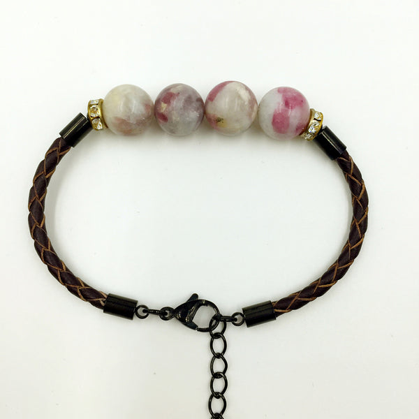 Faux Grey/Pink Gemstones on Brown Leather,  - MRNEIO LLC