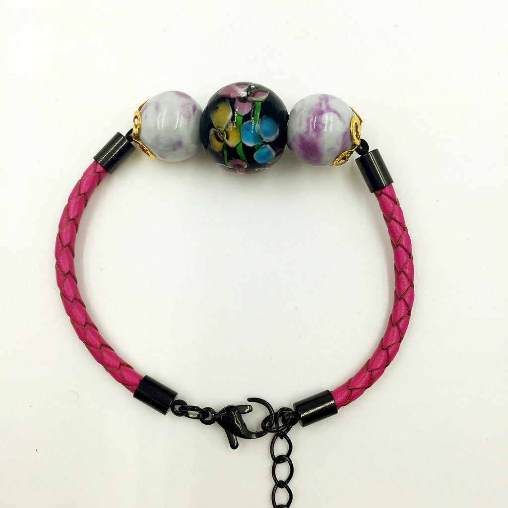 Triple Flower Black and Gemstone Beads on Rose Red Leather,  - MRNEIO LLC