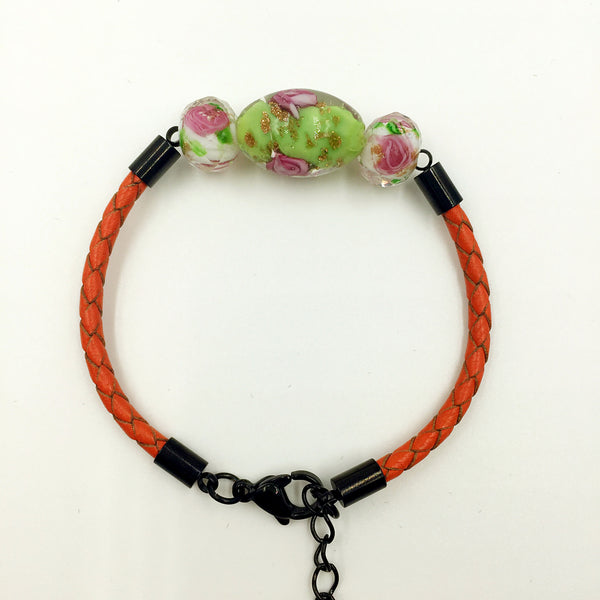 Triple Flower Green and White Beads on Orange Leather,  - MRNEIO LLC