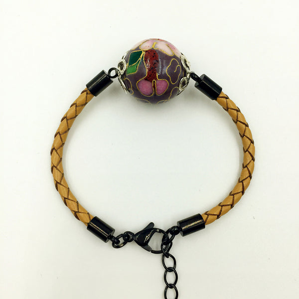 Single Grape Purple Bead on Beige Leather,  - MRNEIO LLC