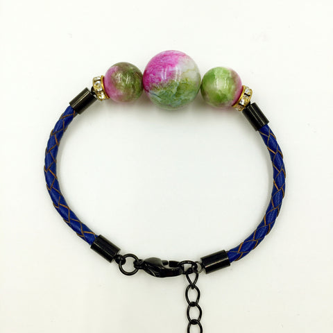 Faux Pink/Green Gemstones on Navy Blue Leather,  - MRNEIO LLC