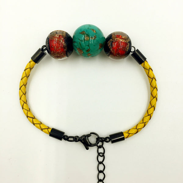 Triple Gold Leaf Green and Stellar Red Beads on Yellow Leather,  - MRNEIO LLC