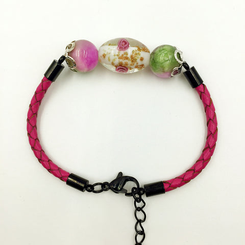 Triple Flower White and Gemstone Beads on Rose Red Leather,  - MRNEIO LLC