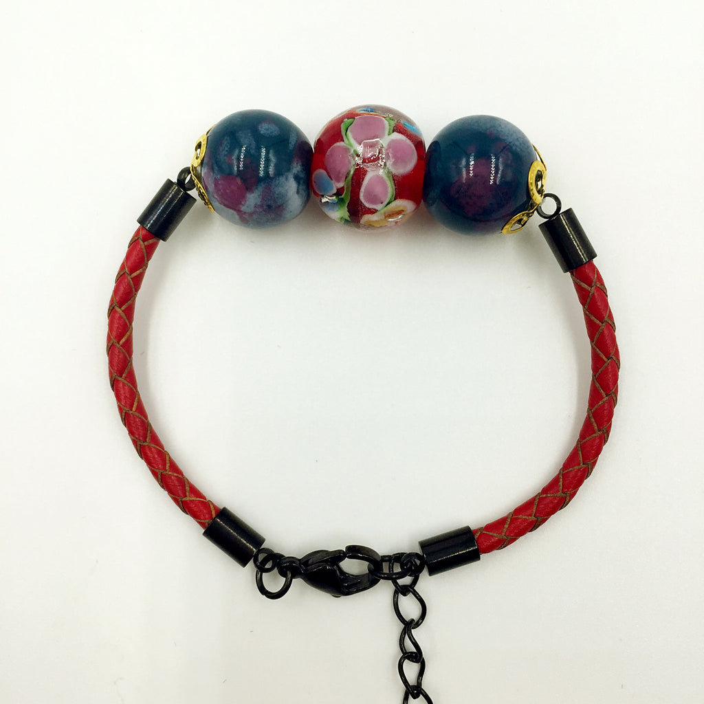 Triple Flower Red and Ceramic Beads on Red Leather,  - MRNEIO LLC
