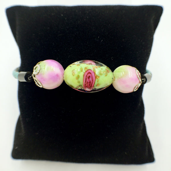 Triple Flower Green and Gemstone Beads on Turquoise Leather,  - MRNEIO LLC
