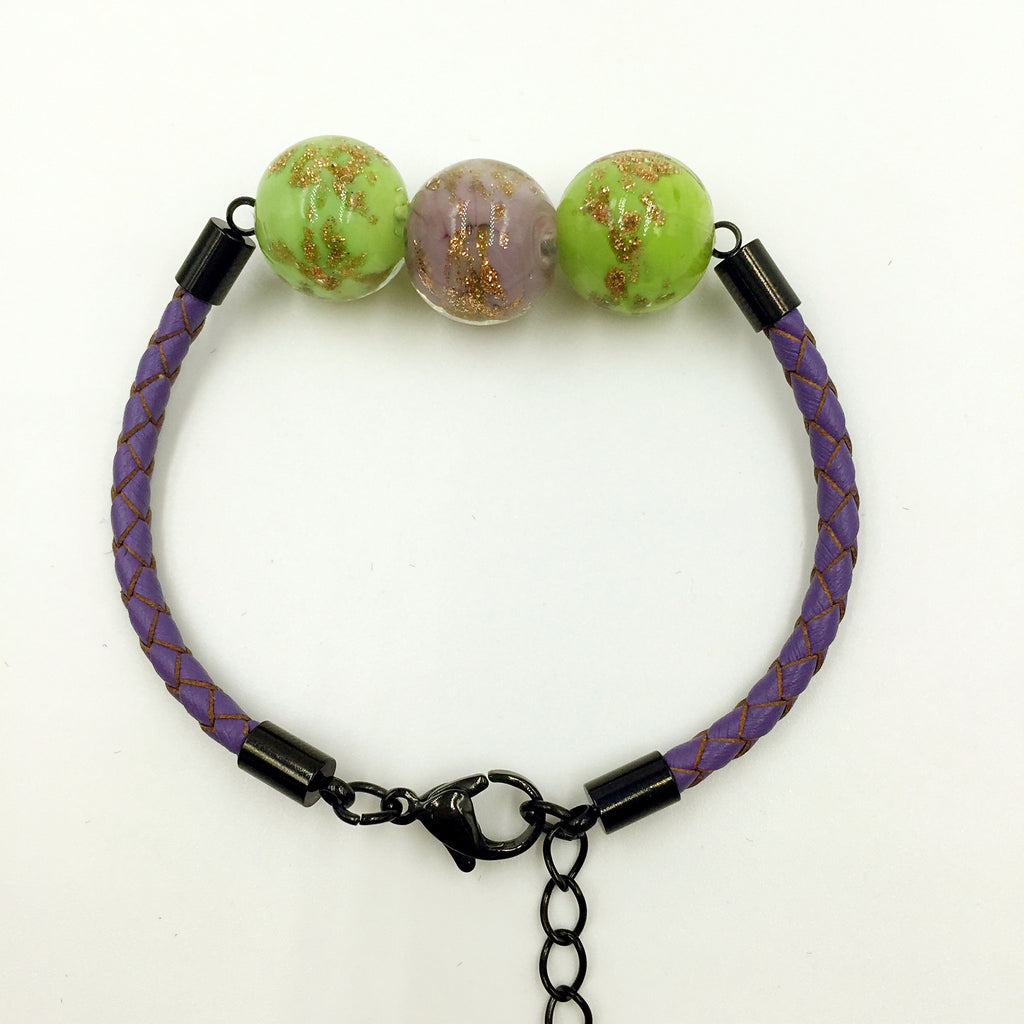 Triple Gold Leaf Purple and Green Beads on Purple Leather,  - MRNEIO LLC