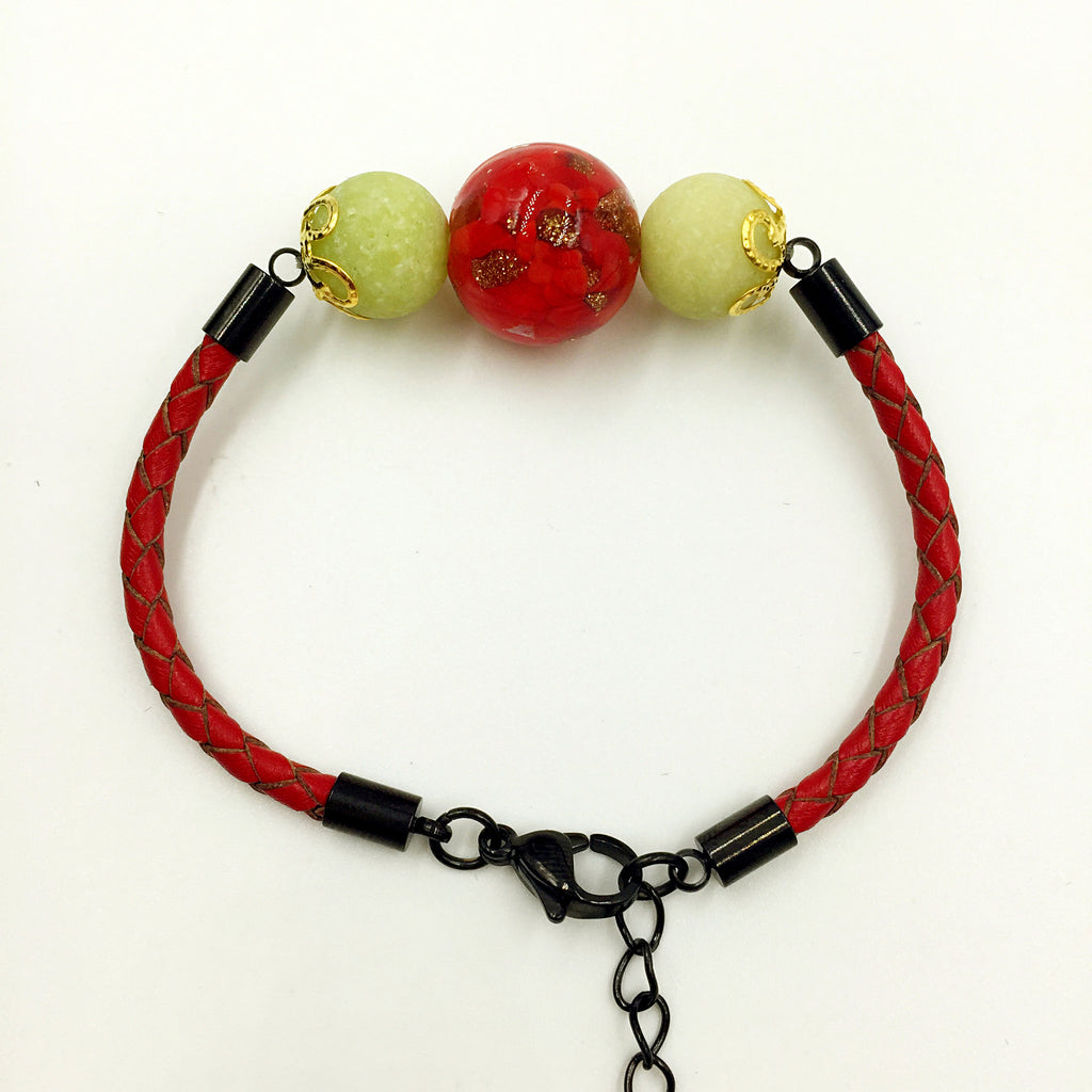 Yellow Macaron Red Bead on Red Leather