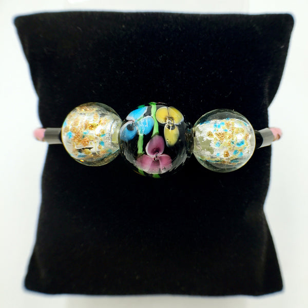 Triple Flower Black and Gold Leaf White Beads on Pink Leather