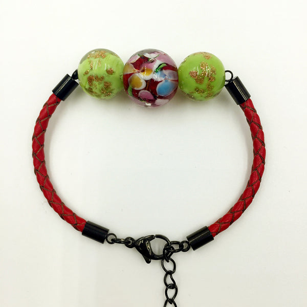 Triple Flower Red and Gold Leaf Green Beads on Red Leather,  - MRNEIO LLC