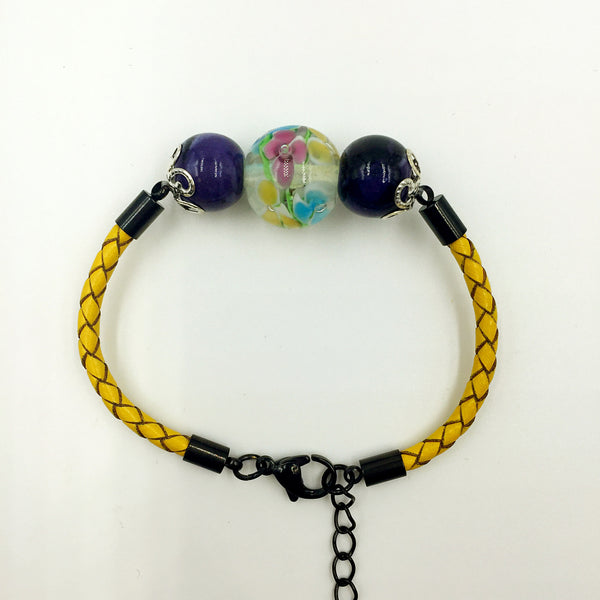 Triple Flower Clear and Ceramic Beads on Yellow Leather,  - MRNEIO LLC