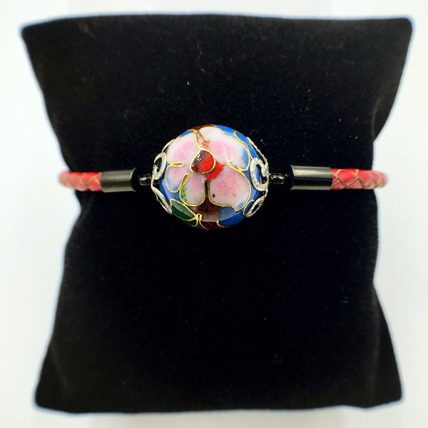 Single Medium Blue Bead on Red Leather