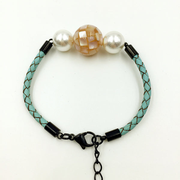 White Pearl Flesh Pink Mother of Pearl Bead on Turquoise Leather,  - MRNEIO LLC