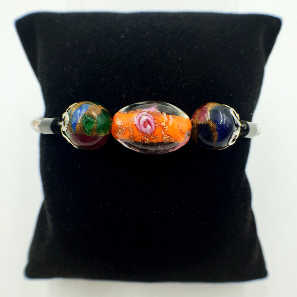 Triple Flower Orange and Gemstone Beads on White Leather,  - MRNEIO LLC