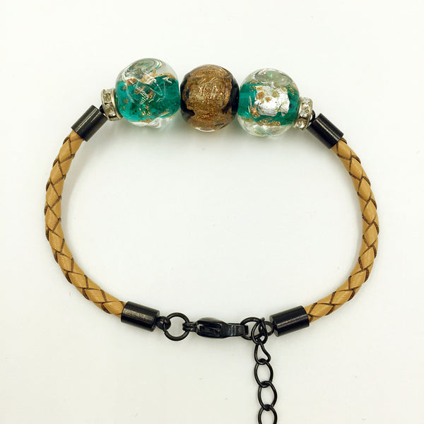 Triple Gold Leaf Brown and Green Beads on Yellow Leather,  - MRNEIO LLC