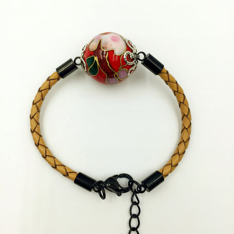 Single Red Bead on Beige Leather,  - MRNEIO LLC
