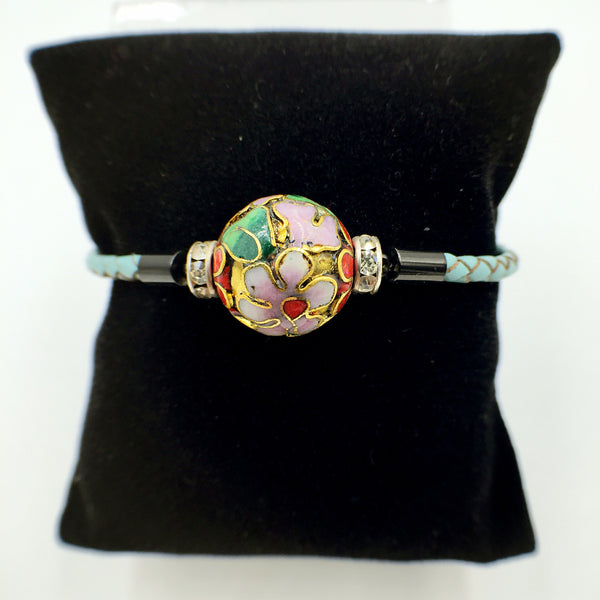 Single Golden Flower Bead on Turquoise Leather,  - MRNEIO LLC