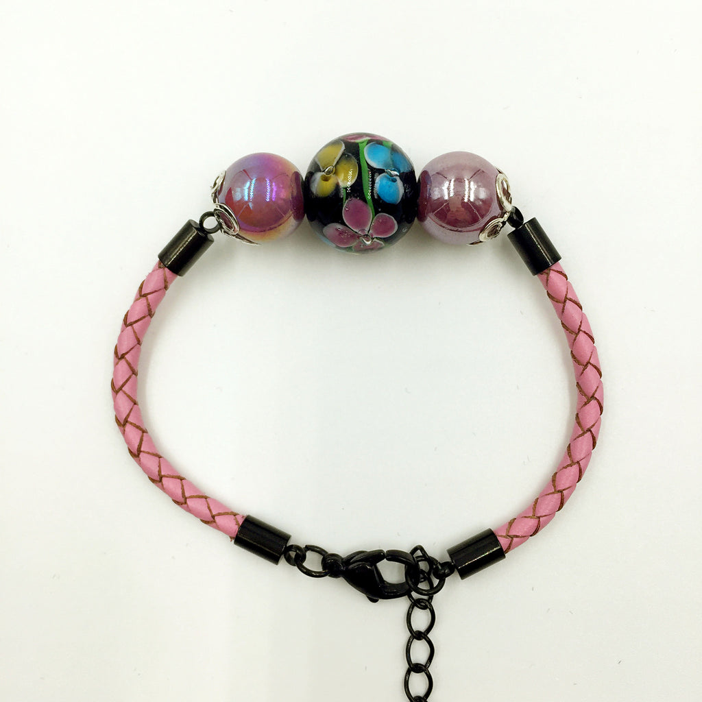 Triple Flower Black and Ceramic Beads on Pink Leather,  - MRNEIO LLC