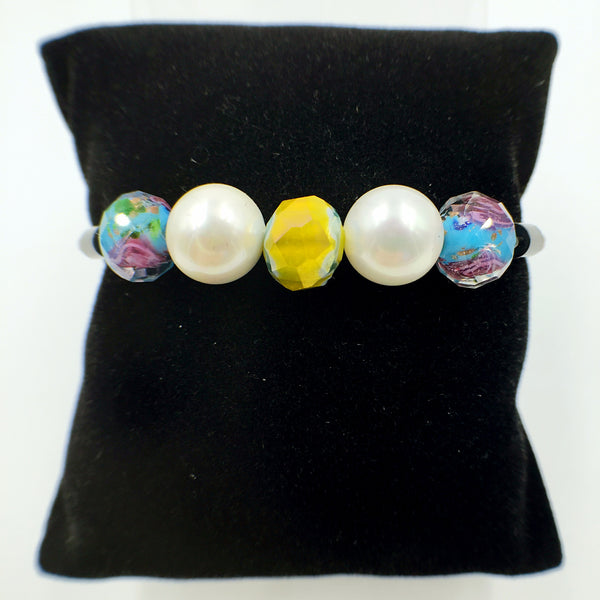 White Pearl Yellow, Green and Blue Beads on Yellow Brown Leather,  - MRNEIO LLC