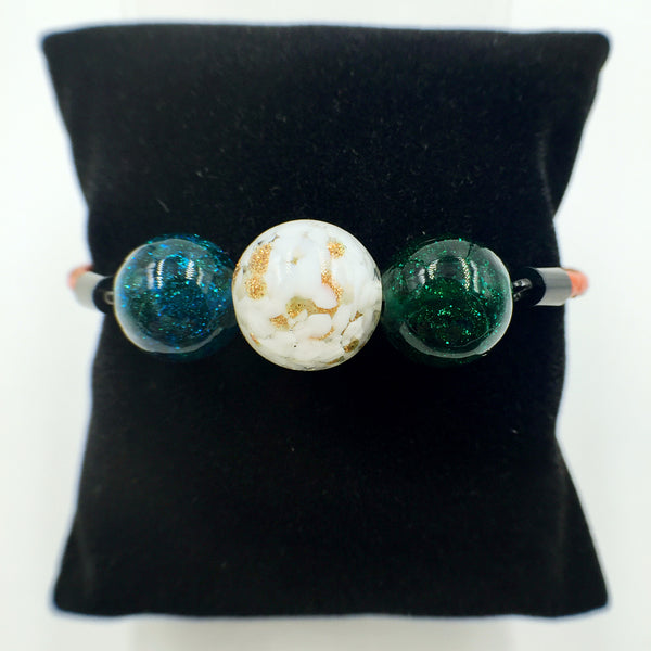 Triple Gold Leaf White and Dark Blue and Green Beads on Orange Leather,  - MRNEIO LLC