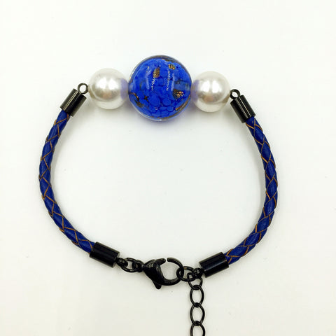 White Pearl Gold Leaf Blue Bead on Navy Blue Leather,  - MRNEIO LLC