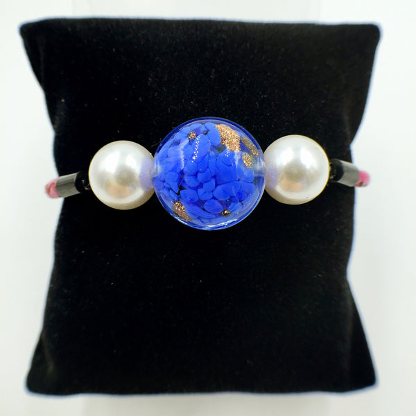 White Pearl Gold Leaf Blue Bead on Rose Red Leather,  - MRNEIO LLC
