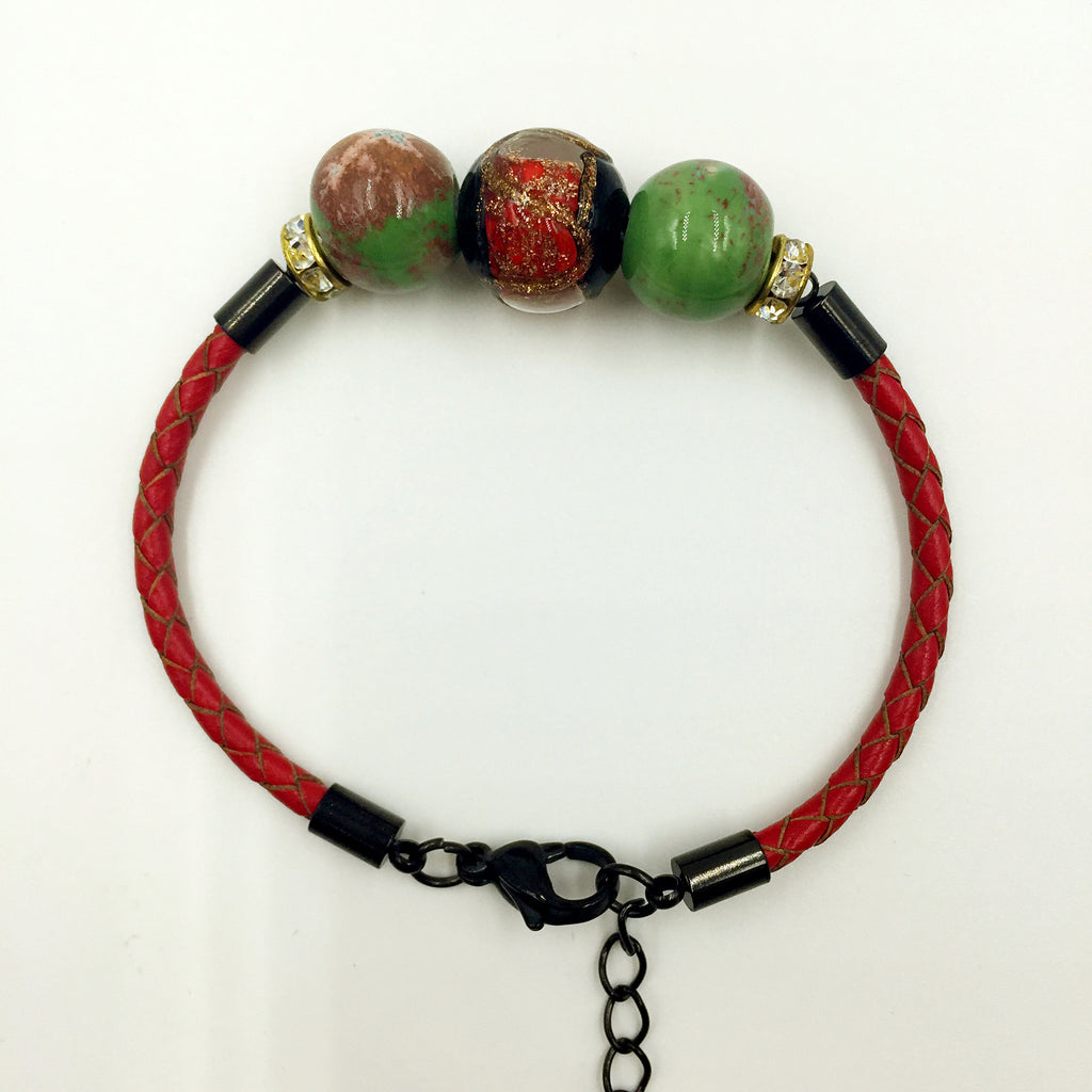 Triple Stellar Red and Gemstone Beads on Red Leather