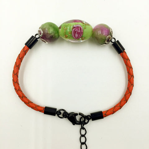 Triple Flower Green and Gemstone Beads on Orange Leather,  - MRNEIO LLC