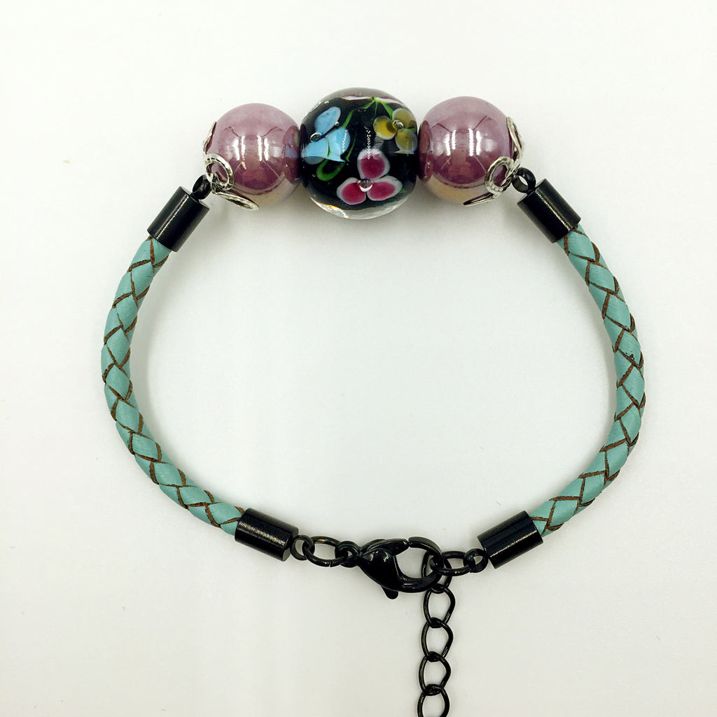 Triple Flower Black and Ceramic Beads on Turquoise Leather,  - MRNEIO LLC