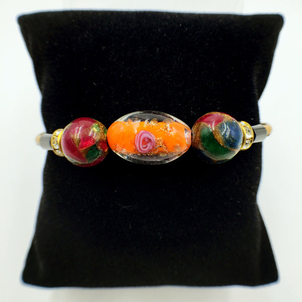 Triple Flower Orange and Gemstone Beads on Yellow Leather,  - MRNEIO LLC