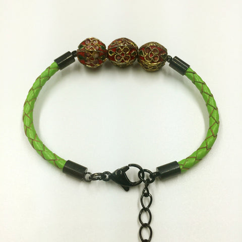 Triple Red Beads on Green Leather,  - MRNEIO LLC