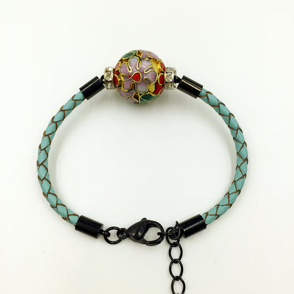 Single Golden Flower Bead on Turquoise Leather,  - MRNEIO LLC