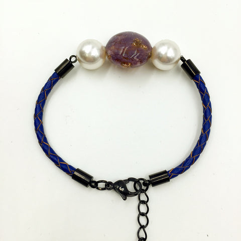 White Pearl Gold Leaf Purple Bead on Navy Blue Leather,  - MRNEIO LLC