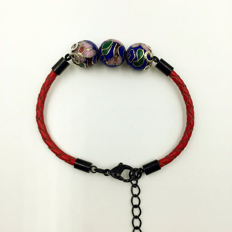 Triple Navy Blue Beads on Red Leather,  - MRNEIO LLC