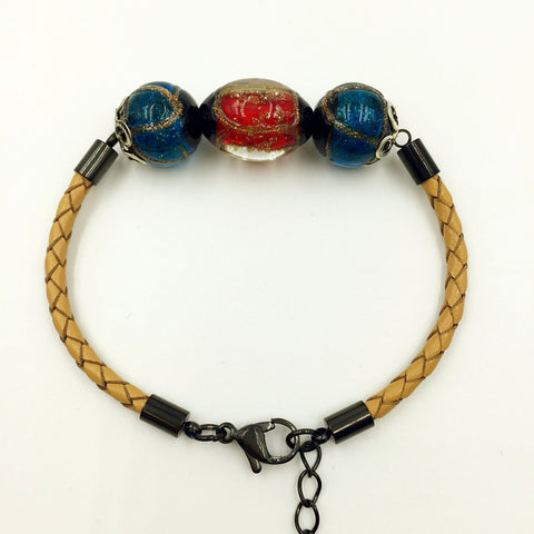 Triple Stellar Red and Blue Beads on Yellow Leather,  - MRNEIO LLC